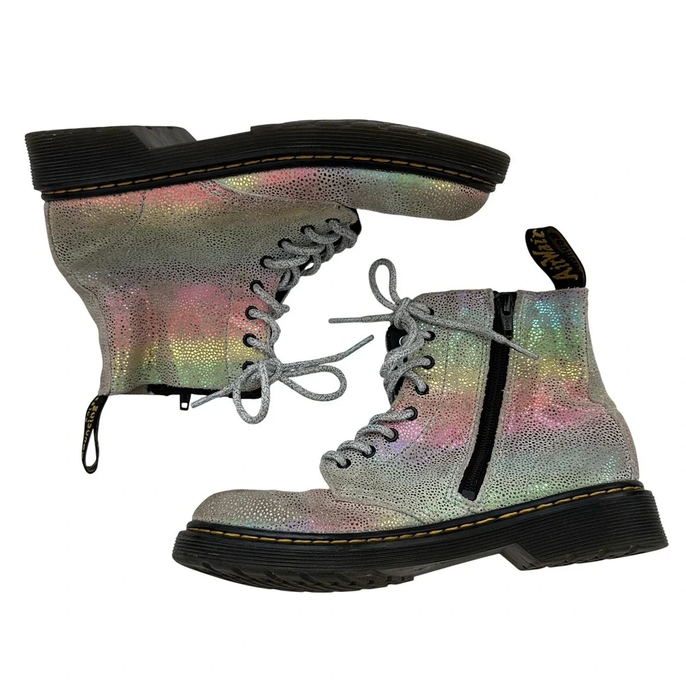 Dr Martens Kids Pascal J 1460 Rainbow Holographic Shimmer Boots Size 4M / 5L